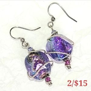 🦋 PURPLE ART GLASS DANGLE EARRINGS - WIRE-WRAPPED